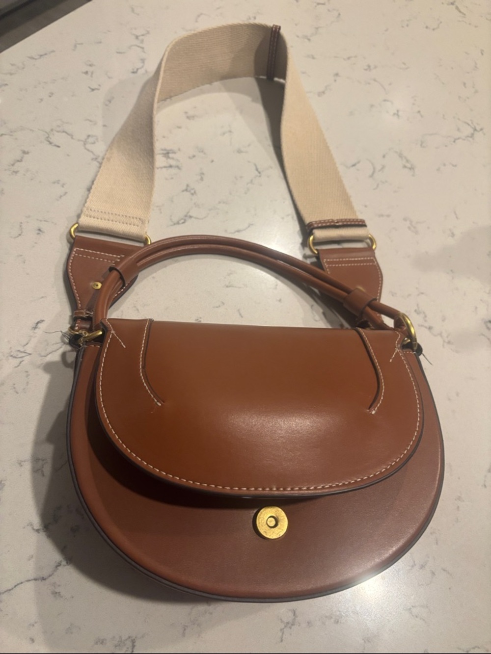 Zara Brown Leather Saddle Bag with Cream Canvas Strap